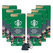 Decaf espresso roast capsule boxes, green packaging with coffee cup logo, 60 count