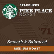 Starbucks Pike Place Roast coffee capsule pod box panel, smooth and balanced, medium roast