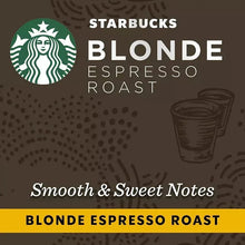 Starbucks Blonde Espresso Roast coffee capsule pod box panel, smooth and sweet notes