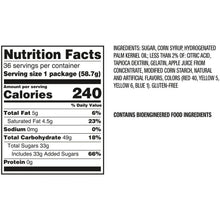 Nutrition Facts label for Starburst chewy candy, serving size 1 package