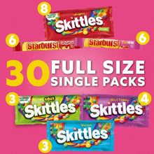 Full-size single candy pack variety showing Starburst and Skittles, 30 packs.