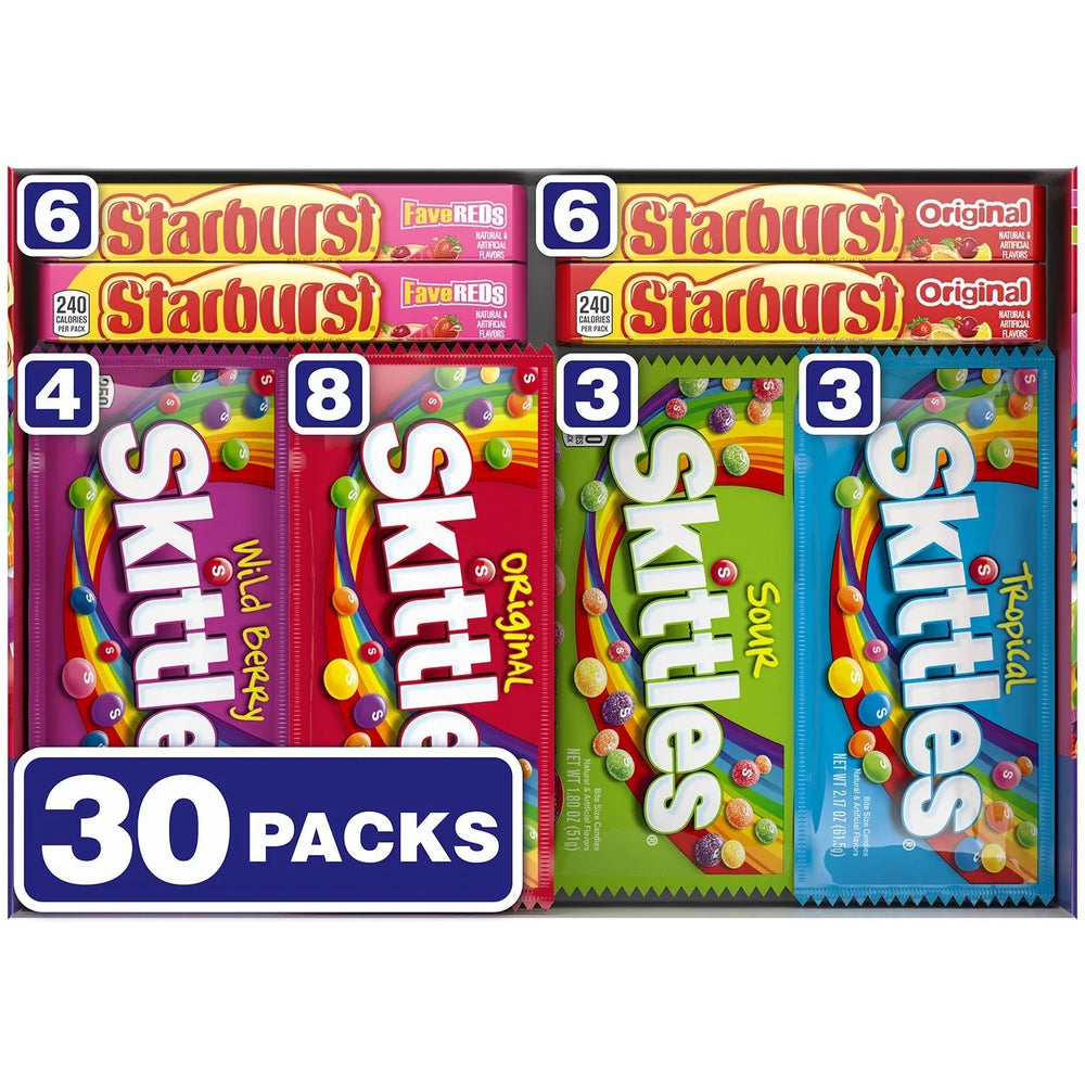 Starburst & Skittles Chewy Candy, Variety Box, Full Size, 30 pk. - USA MEGA SHOP