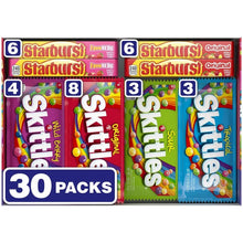 Candy variety box with Starburst and Skittles packs, 30-count full-size.