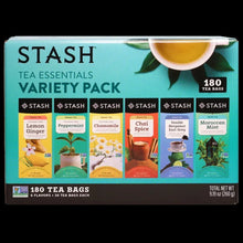 Tea variety pack box showing six flavor labels and 180 tea bags