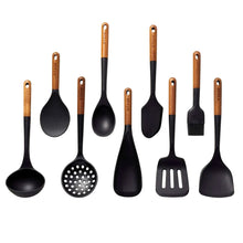 Kitchen tool set: black silicone utensils with wood handles and hanging holes