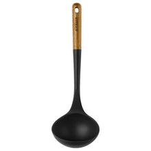 Kitchen soup spoon with black rounded head and wood handle with hanging hole