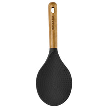 Kitchen spoon spatula with black textured head and wood handle with hanging hole