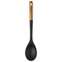 Black ladle spoon with light wood handle and hanging hole