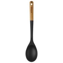 Kitchen ladle spoon with black bowl head and wood handle with hanging hole