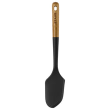 Kitchen silicone spatula with pointed edge, black head, and wood handle