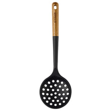 Kitchen slotted skimmer spoon with black perforated head and wood handle