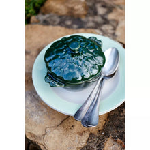 Staub stoneware artichoke cocotte with lid, deep green glazed finish