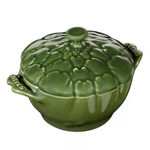 Staub stoneware artichoke cocotte with domed lid, green glaze, knob and handles