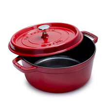 Red round Dutch oven with matching lid and metal knob, 4 qt size cookware