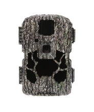 Camouflaged trail camera with front lens window and sensor openings