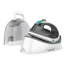 White cordless steam iron with transparent water tank and charging base, side view