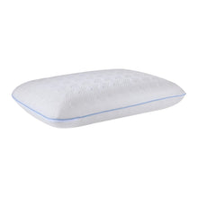 Latex cooling pillow, white oval shape with blue piping along the edge