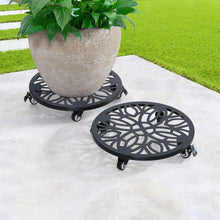 Round plant caddy with black lattice top and four caster wheels