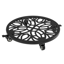 Round black lattice plant caddy tray with four caster wheels