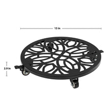 Plant caddy with black lattice top, 15 in across, 2.9 in high, caster wheels