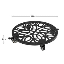 Round black plant caddy tray with ornate metal cutout design and caster wheels