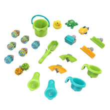 Colorful water play accessories, including scoops, buckets, cups, and splashing toys