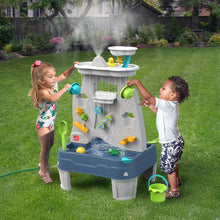 Outdoor plastic misting water play table with colorful pump and accessories, gray base
