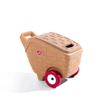 Toy picnic basket on wheels, beige brick-texture body with side handle and opening