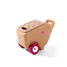 Toy picnic basket front view with red wheels and beige brick-pattern body