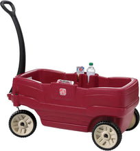 Red plastic kids ride-on wagon with handlebar, four wheels, and front tray