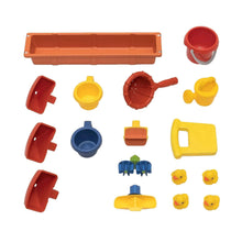Assorted plastic water activity center pump and splash accessories in red, yellow, blue