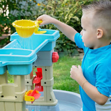 Kids plastic water table with blue basins and hand-pour faucet, splash-ready