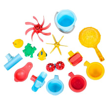 Plastic water table accessories with cups, funnels, strainers, and splash wheels