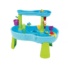 Two-tier splash water table with blue tub, green legs, side shower nozzle and buckets