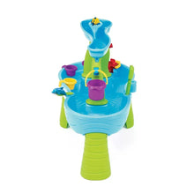 Round kids water table with central shower column, blue basin, and green support legs