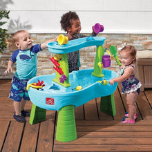 Kids splash water table with sliding water trough, toy animals, and splash play surface