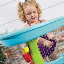 Kids splash water table with overhead shower spray and purple-yellow water toys