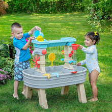 Plastic outdoor water table with colorful water wheel and splash spouts, blue/gray