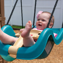 Step2 teal toddler swing seat with black ropes and beige front T-bar