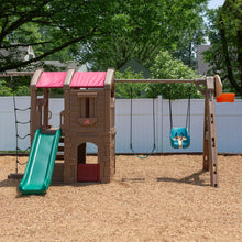 Step2 outdoor swing set with teal baby swing, slide, and play panel