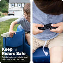 Blue kids wagon with seat belt being fastened and latch door on the side