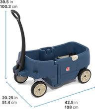Denim-blue kids wagon with long handle, side panels, and four caster wheels