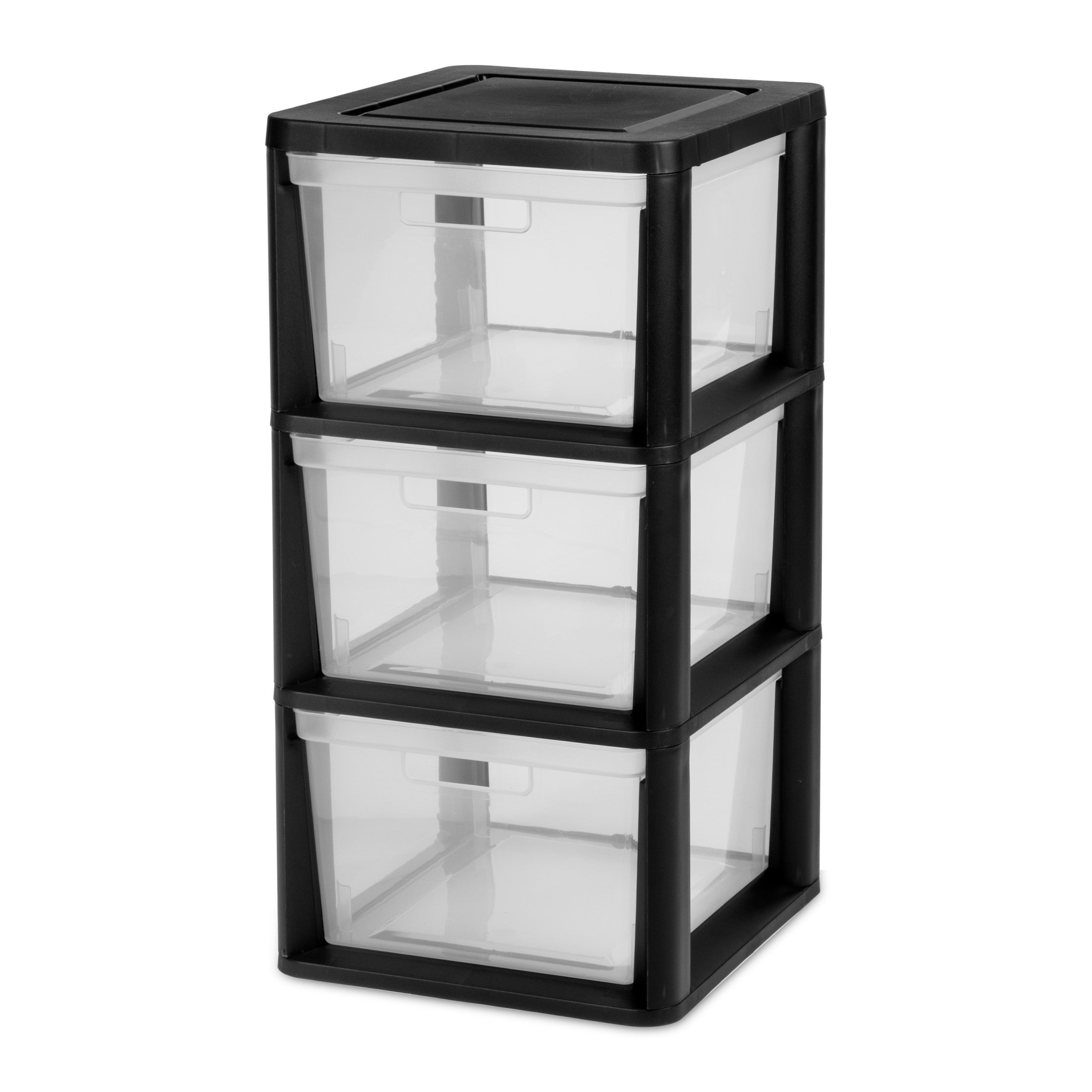 Sterilite Wide 3 Drawer Tower, Plastic Storage Organizer with Removable Clear Bins, Easy to Assemble - No Tools Needed, Black