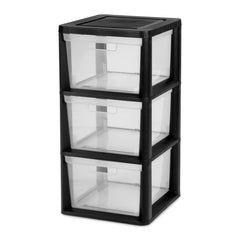 Sterilite Wide 3 Drawer Tower, Plastic Storage Organizer with Removable Clear Bins, Easy to Assemble - No Tools Needed, Black