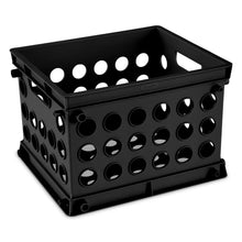 Black plastic mini storage crate with open top and side cutout holes