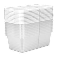 Clear plastic storage bin set with white snap-on lids, stacked square boxes