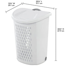 White plastic wheeled laundry hamper with domed lid and vented sides