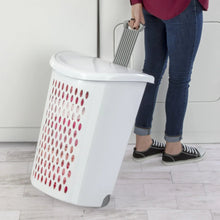White plastic wheeled laundry hamper with lid handle and vented side panel