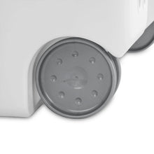 White plastic wheeled hamper with gray wheel and circular hub detail