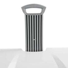White plastic wheeled hamper with top carry handle and vented side panels